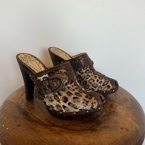 Leopard Print Brown Heeled Mules